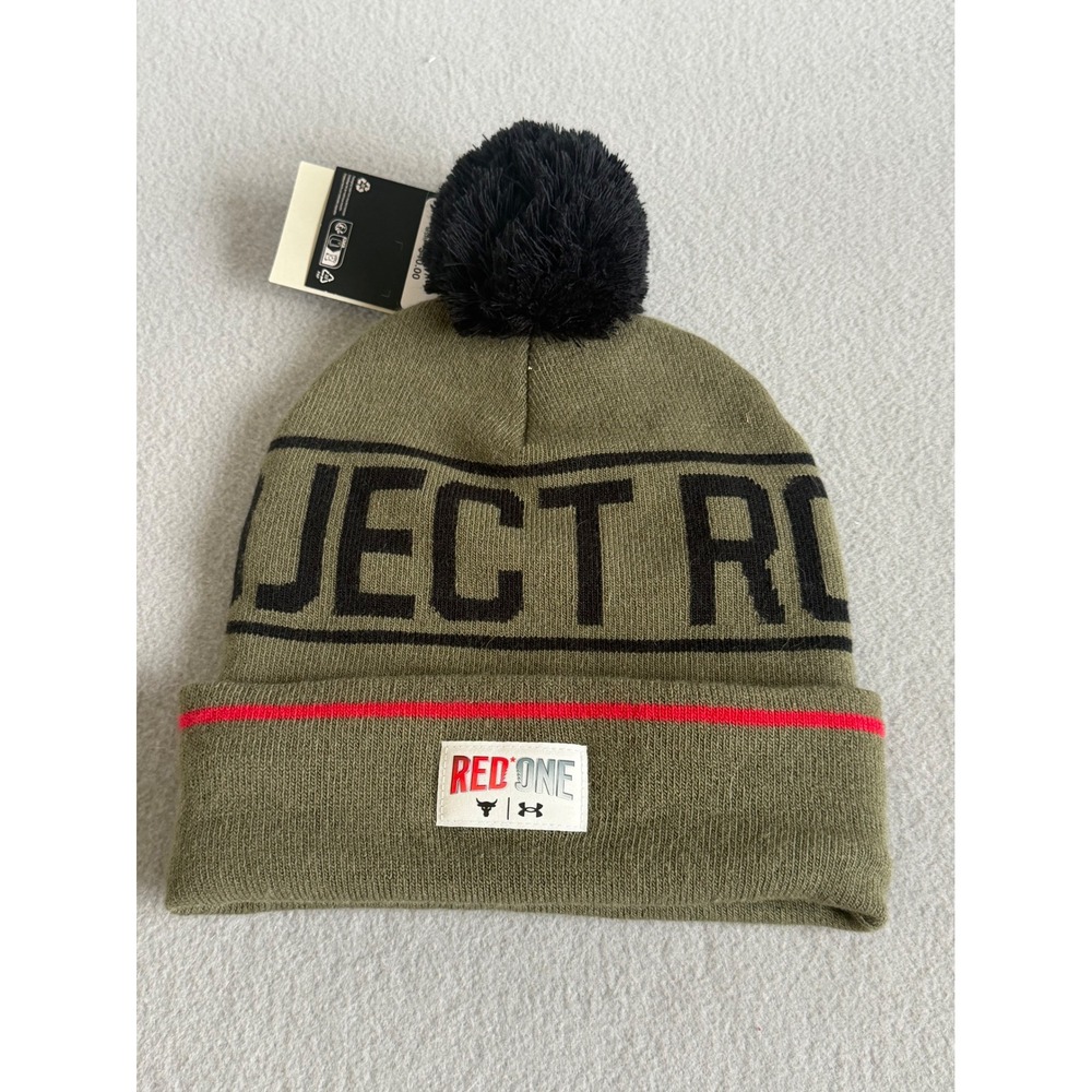 Under Armour Project Rock Red One Beanie Olive Green Pom Hat 1365922 OSFM NEW